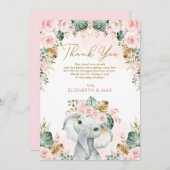 Chic Boho Elephant Blush Pink Floral Baby shower Bedankkaart (Voorkant / Achterkant)
