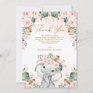 Chic Boho Elephant Blush Pink Floral Baby shower Bedankkaart