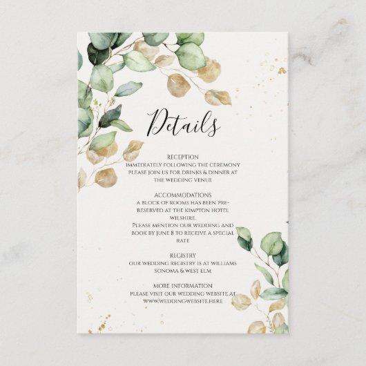 Chic & Boho Eucalyptus with Gold Details Wedding Informatiekaartje (Voorkant)