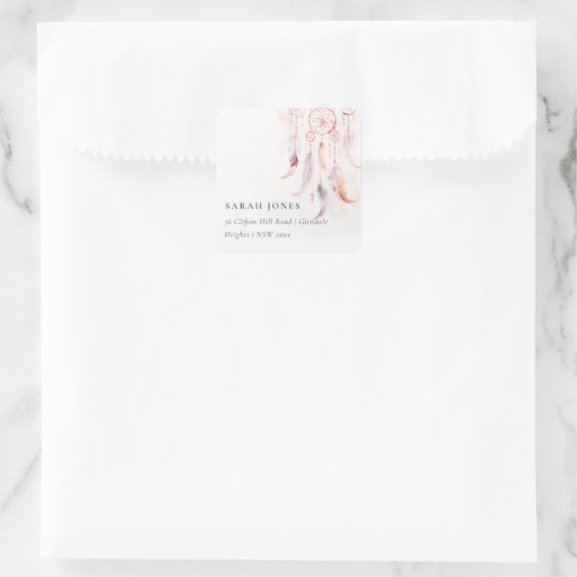 Chic Boho Feather Dreamcatcher Waterverf Adres Vierkante Sticker (Tas)