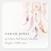 Chic Boho Feather Dreamcatcher Waterverf Adres Vierkante Sticker (Voorkant)