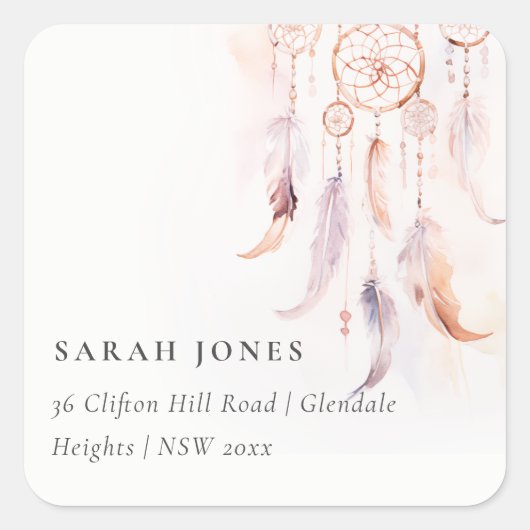 Chic Boho Feather Dreamcatcher Waterverf Adres Vierkante Sticker (Voorkant)