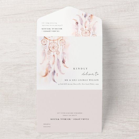 Chic Boho Feather Dreamcatcher Waterverf bruiloft All In One Uitnodiging (Buitenkant)