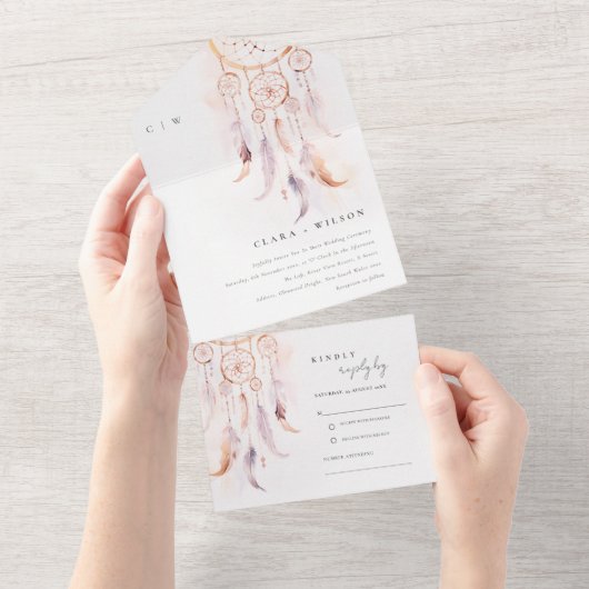 Chic Boho Feather Dreamcatcher Waterverf bruiloft All In One Uitnodiging (Afscheurbaar)