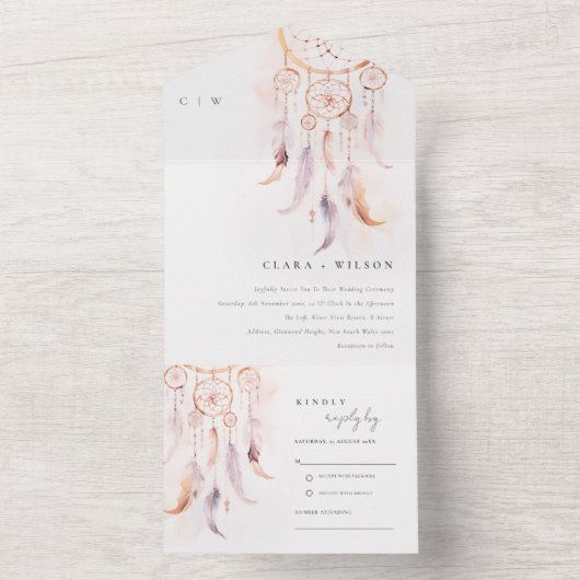 Chic Boho Feather Dreamcatcher Waterverf bruiloft All In One Uitnodiging (Binnen)