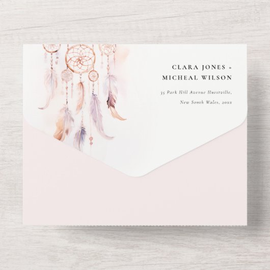 Chic Boho Feather Dreamcatcher Waterverf bruiloft All In One Uitnodiging (Achterkant)