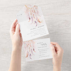 Chic Boho Feather Dreamcatcher Waterverf bruiloft All In One Uitnodiging