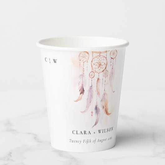 Chic Boho Feather Dreamcatcher Waterverf bruiloft Papieren Bekers (Achterkant)