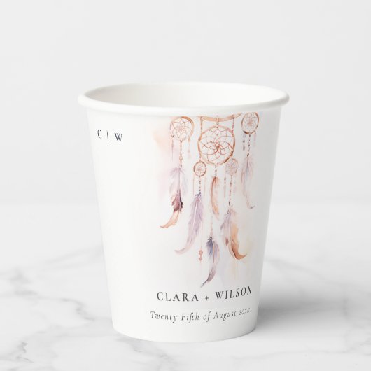 Chic Boho Feather Dreamcatcher Waterverf bruiloft Papieren Bekers (Voorkant)