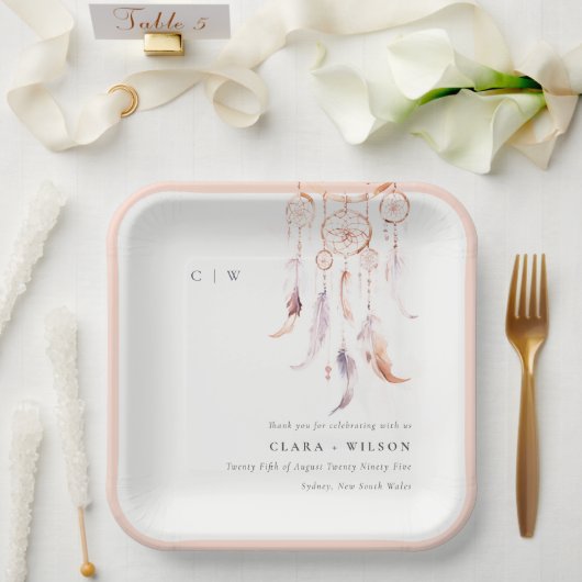 Chic Boho Feather Dreamcatcher Waterverf bruiloft Papieren Bordje (Huwelijk)