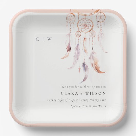 Chic Boho Feather Dreamcatcher Waterverf bruiloft Papieren Bordje (Voorkant)