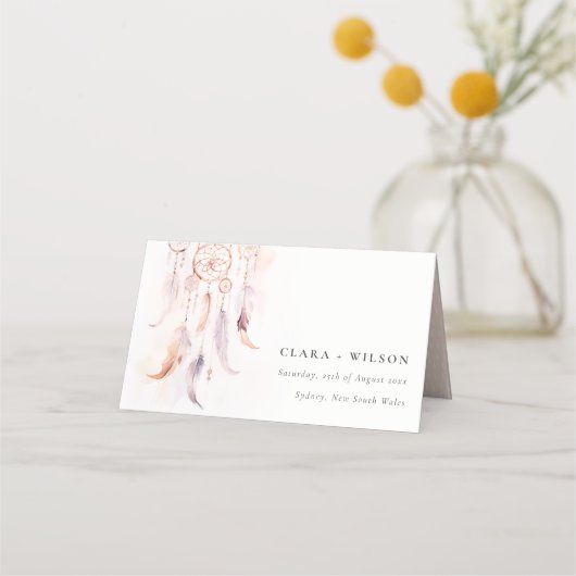 Chic Boho Feather Dreamcatcher Waterverf bruiloft Plaatskaartje (Voorkant)