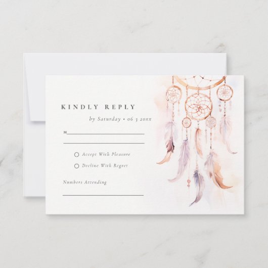 Chic Boho Feather Dreamcatcher Waterverf bruiloft RSVP Kaartje (Voorkant)