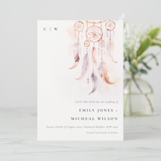 Chic Boho Feather Dreamcatcher Waterverf bruiloft Save The Date (Staand voorkant)