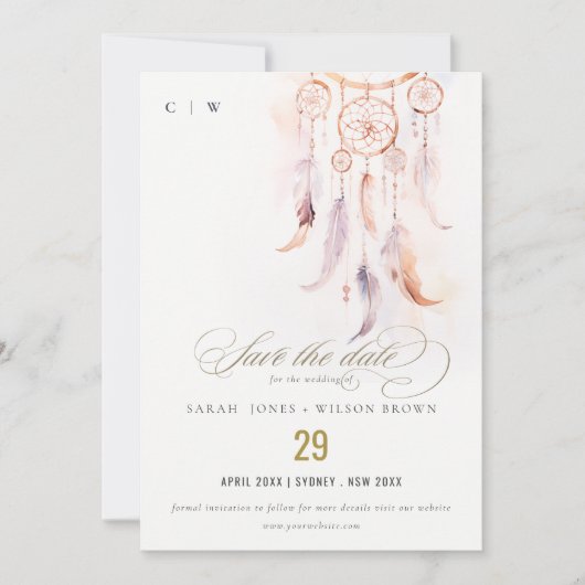 Chic Boho Feather Dreamcatcher Waterverf bruiloft Save The Date (Voorkant)