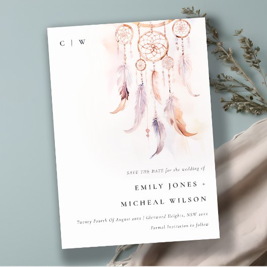 Chic Boho Feather Dreamcatcher Waterverf bruiloft Save The Date