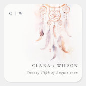 Chic Boho Feather Dreamcatcher Waterverf bruiloft Vierkante Sticker (Voorkant)