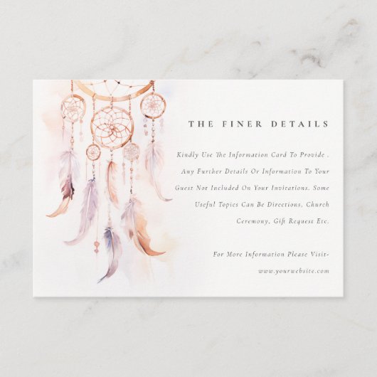 Chic Boho Feather Dreamcatcher Wedding Details Informatiekaartje (Voorkant)