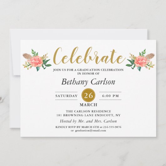 Chic Boho Feathers Floral 2 Foto Graduparty Kaart (Achterkant)