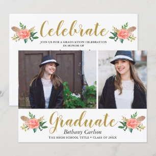 Chic Boho Feathers Floral 2 Foto Graduparty Kaart