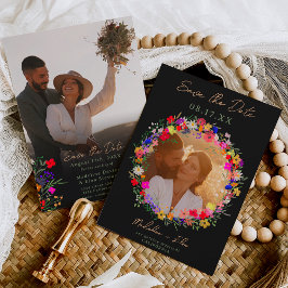 Chic boho felle wilde bloemen 2 foto's bruiloft save the date