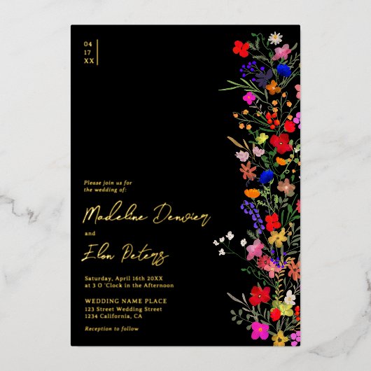 Chic boho felle wilde bloemen 3 foto's bruiloft folie uitnodiging (Voorkant)