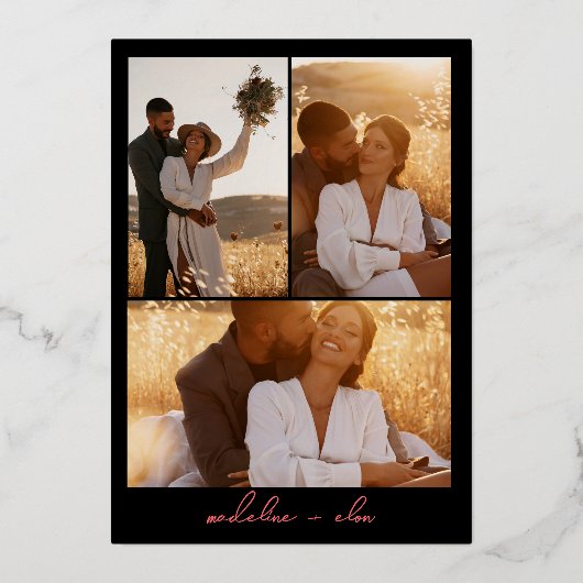 Chic boho felle wilde bloemen 3 foto's bruiloft folie uitnodiging (Achterkant)