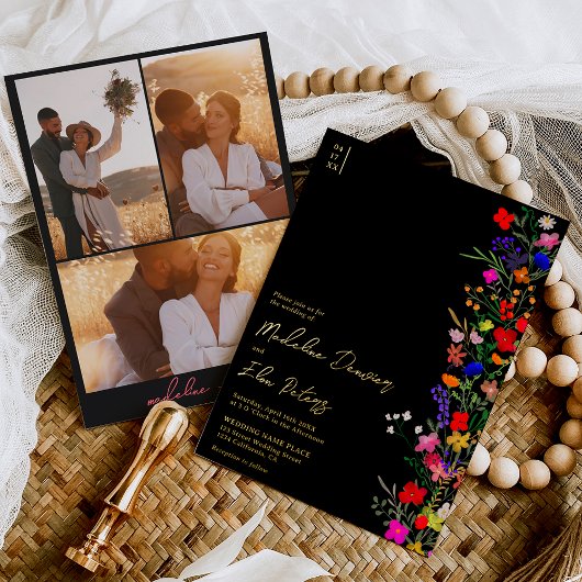 Chic boho felle wilde bloemen 3 foto's bruiloft folie uitnodiging