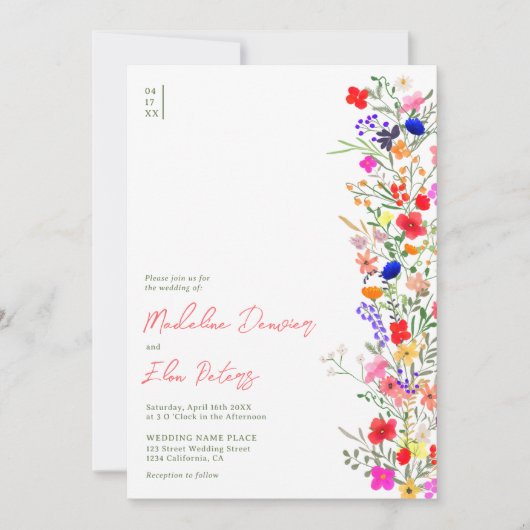 Chic boho felle wilde bloemen 3 foto's bruiloft kaart (Voorkant)