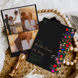 Chic boho felle wilde bloemen 3 foto's bruiloft kaart