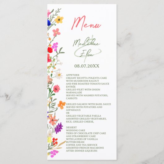 Chic boho felle wilde bloemen tuinbruiloft menu (Voorkant)