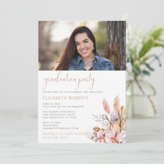 Chic Boho Floral Pampas Grass Afstuderen Kaart (Staand voorkant)