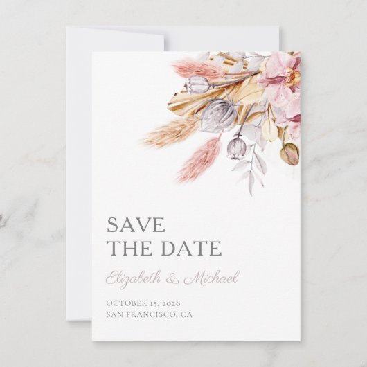 Chic Boho Floral Pampas Grass sparen de Datum Kaart (Voorkant)