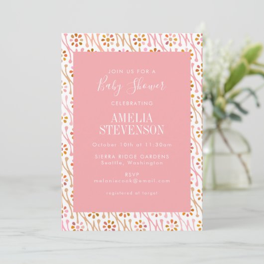 Chic Boho Floral Roos Pink Baby shower Uitnodiging (Staand voorkant)