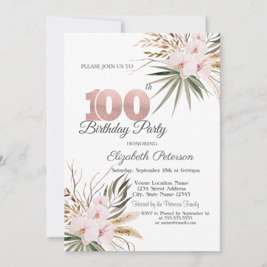 Chic Boho Flowers 100th Birthday Kaart (Voorkant)