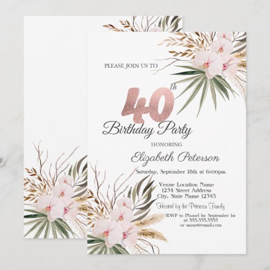 Chic Boho Flowers 40th Birthday Kaart (Voorkant / Achterkant)
