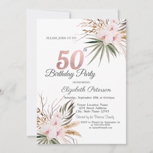 Chic Boho Flowers 50th Birthday Kaart (Voorkant)