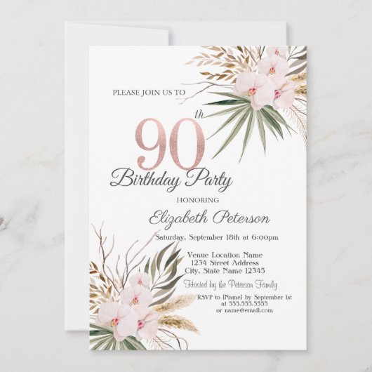 Chic Boho Flowers 90th Birthday Kaart (Voorkant)