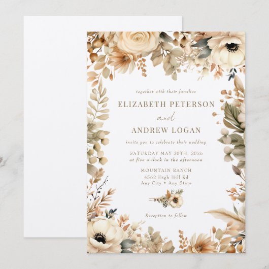 Chic Boho Flowers | Herfst Bloemen Bruiloft Kaart (Voorkant / Achterkant)