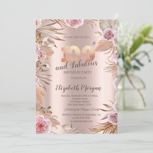 Chic Boho Flowers Roos Gold 100ste verjaardag Kaart (Staand voorkant)