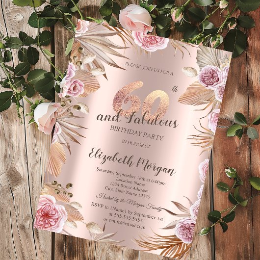 Chic Boho Flowers Roos Gold 60e verjaardag Kaart