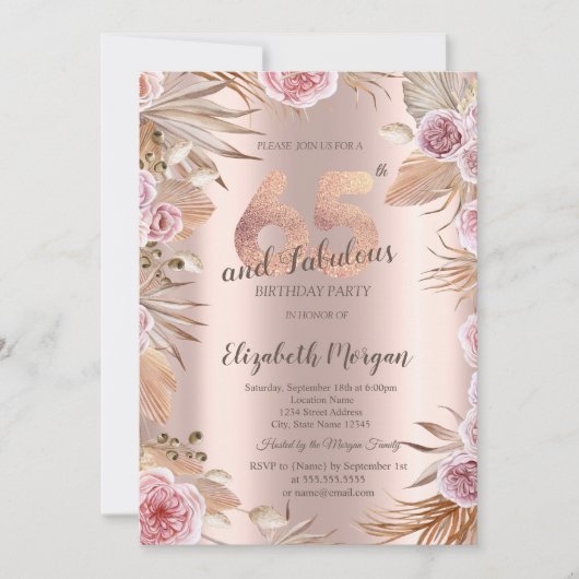 Chic Boho Flowers Roos Gold 65e verjaardag Kaart (Voorkant)