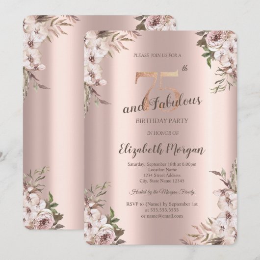 Chic Boho Flowers Roos Gold 75e verjaardag Kaart (Voorkant / Achterkant)