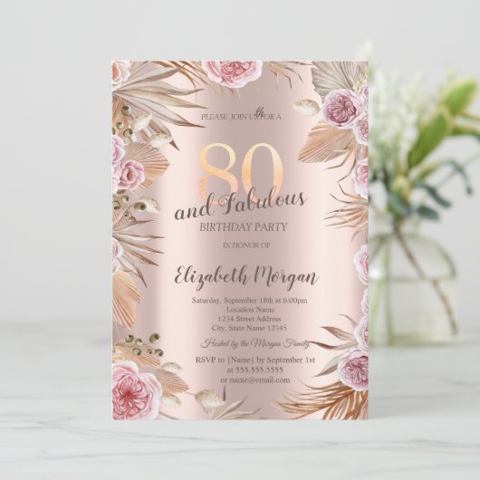 Chic Boho Flowers Roos Gold 80e verjaardag Kaart (Staand voorkant)