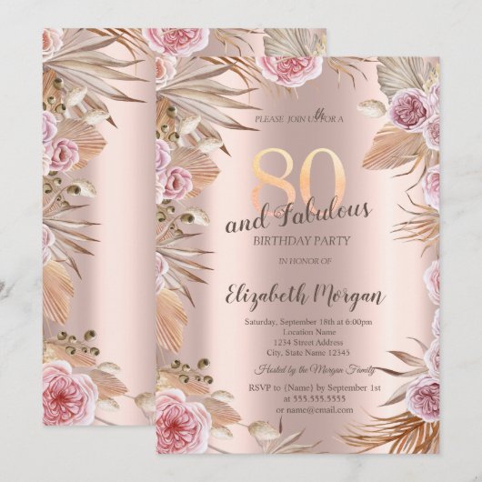 Chic Boho Flowers Roos Gold 80e verjaardag Kaart (Voorkant / Achterkant)