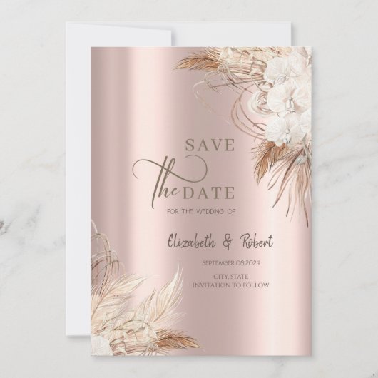 Chic Boho Flowers Roos Gold Wedding Bewaar de datu Save The Date (Voorkant)