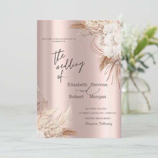 Chic Boho Flowers Roos Gold Wedding Invitation Kaart (Staand voorkant)