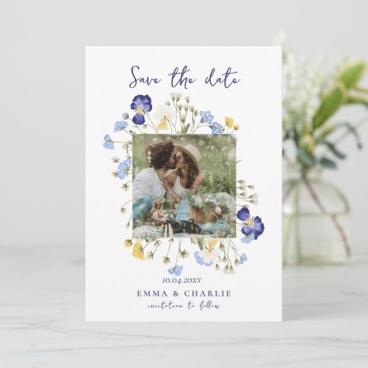 Chic boho Foto wilde bloemen bruiloft Save The Dat Save The Date (Staand voorkant)