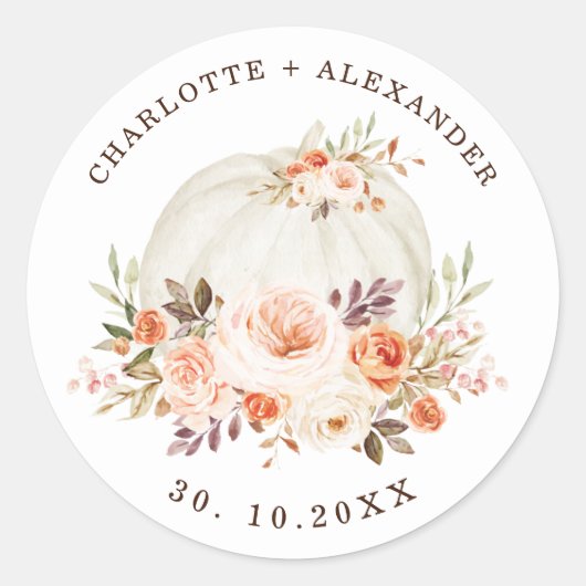 Chic Boho Herfst Floral White Pumpkin Wedding Part Ronde Sticker (Voorkant)