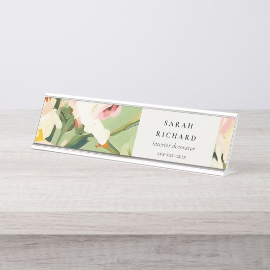 Chic Boho Kleurrijke Groen Roze Geschilderde Bloem Bureau Naambordje (Voorkant)